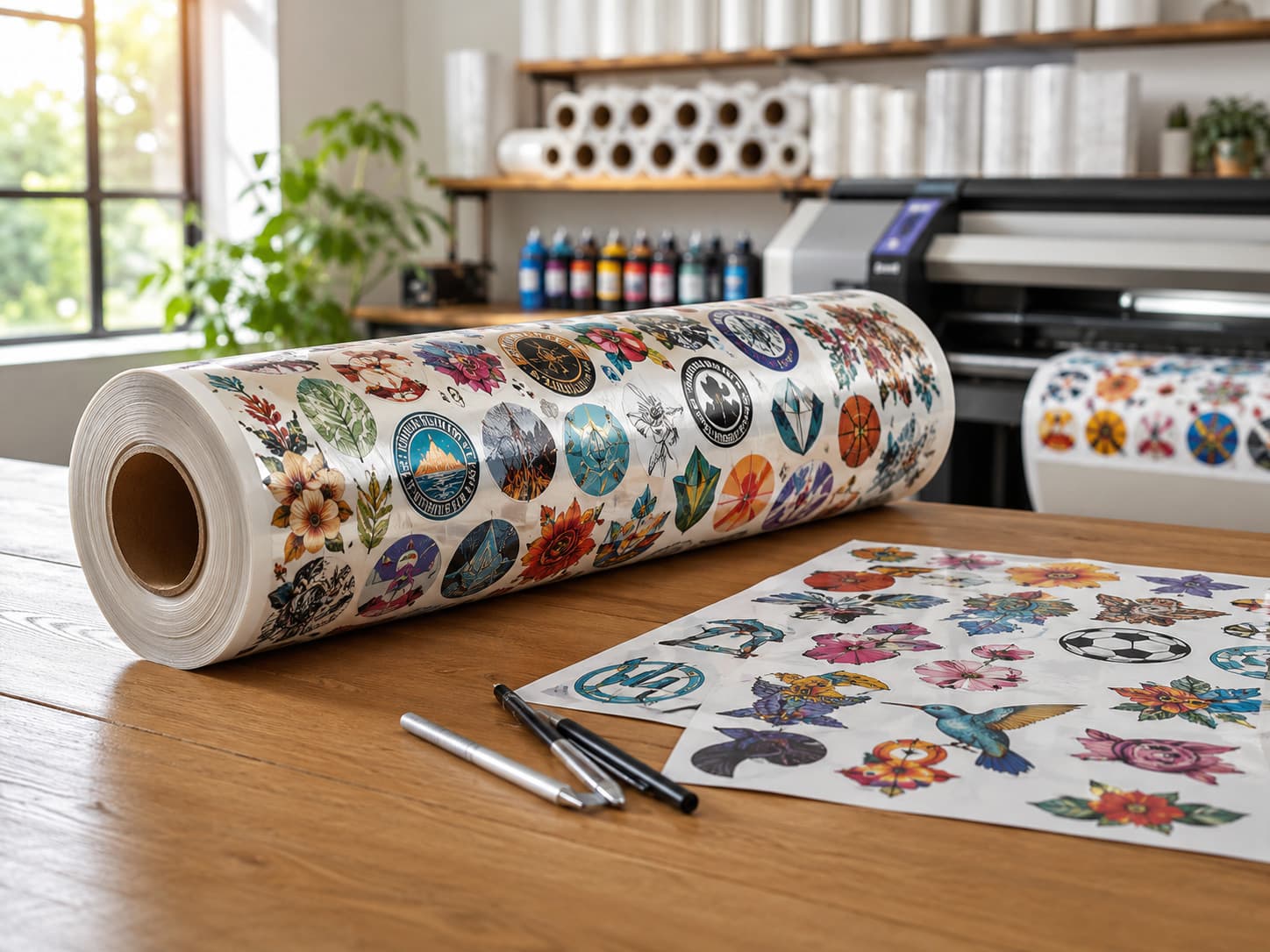 DTF heat transfer film roll with colorful printed designs in a professional print studio